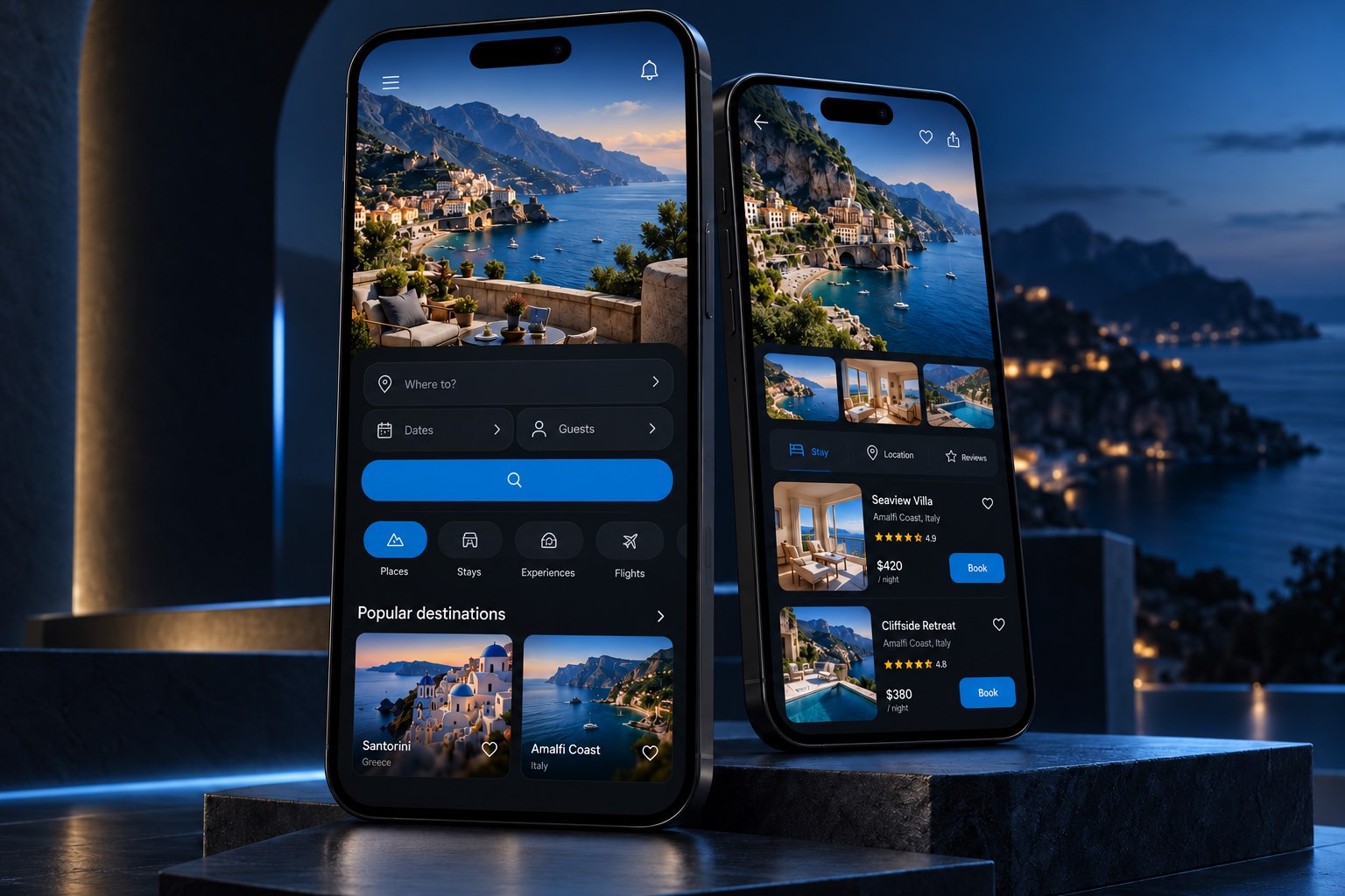 Travel booking mobile app concept displayed on two smartphones in a blue-lit studio