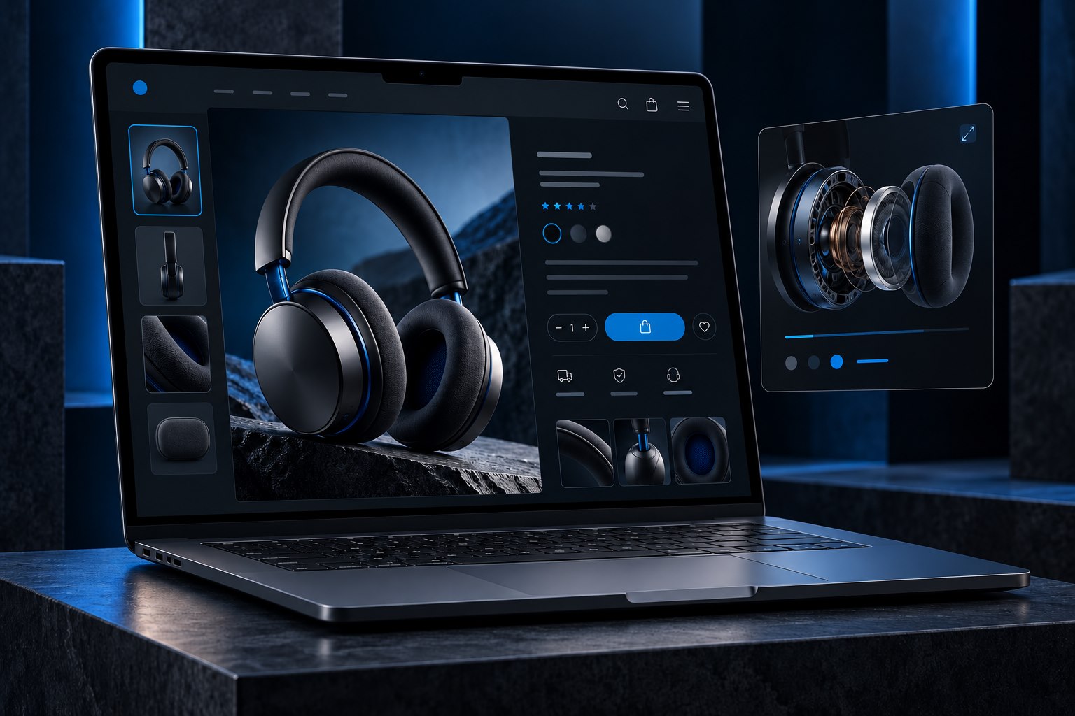 E-commerce website concept on a graphite laptop with a premium headphones storefront